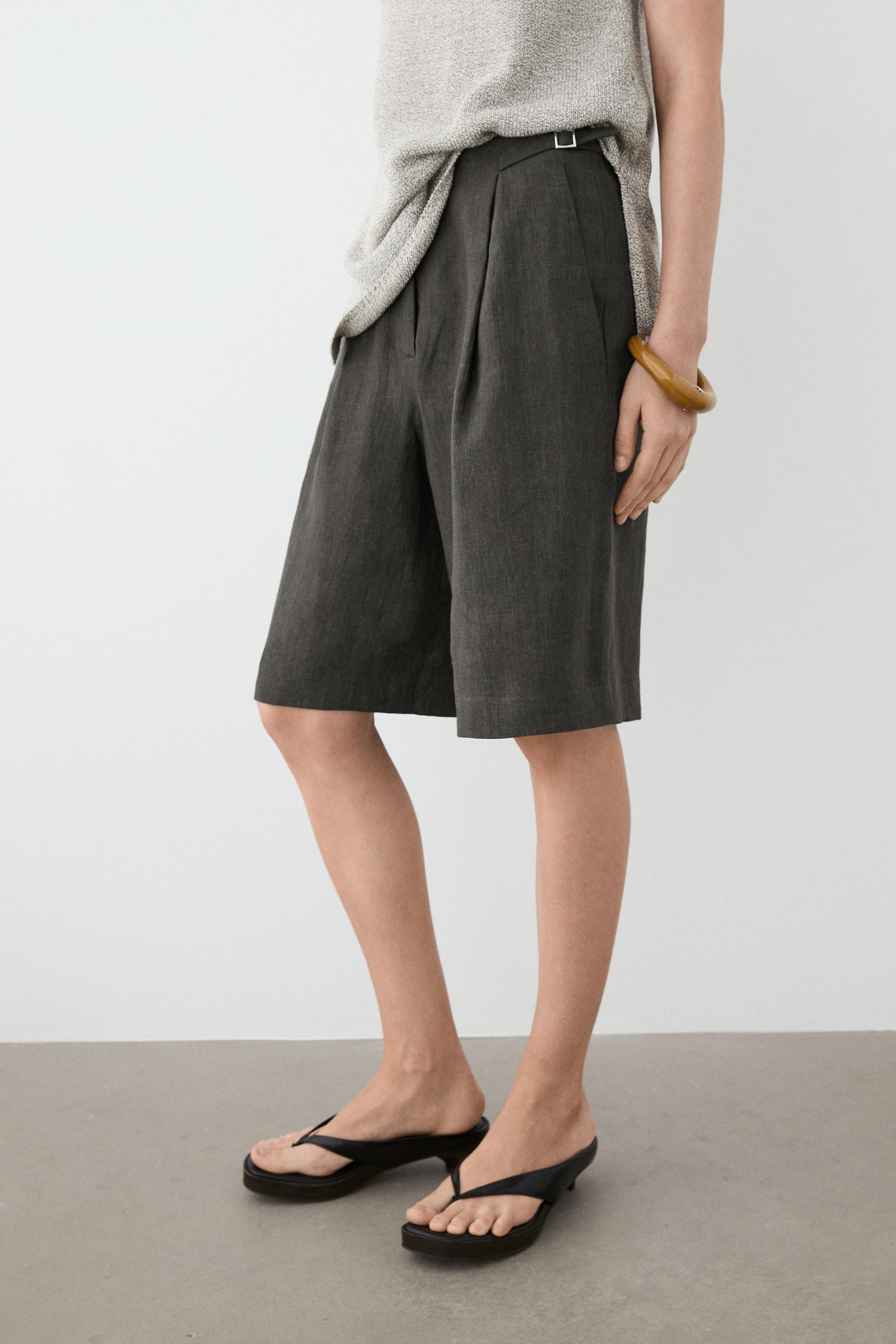 Long melange linen Bermuda shorts with buckle detail